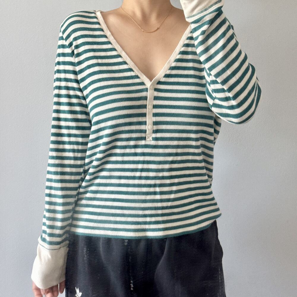 Victoria's Secret Top Women’s L Green White Striped Knit V-Neck Henley Pajama
